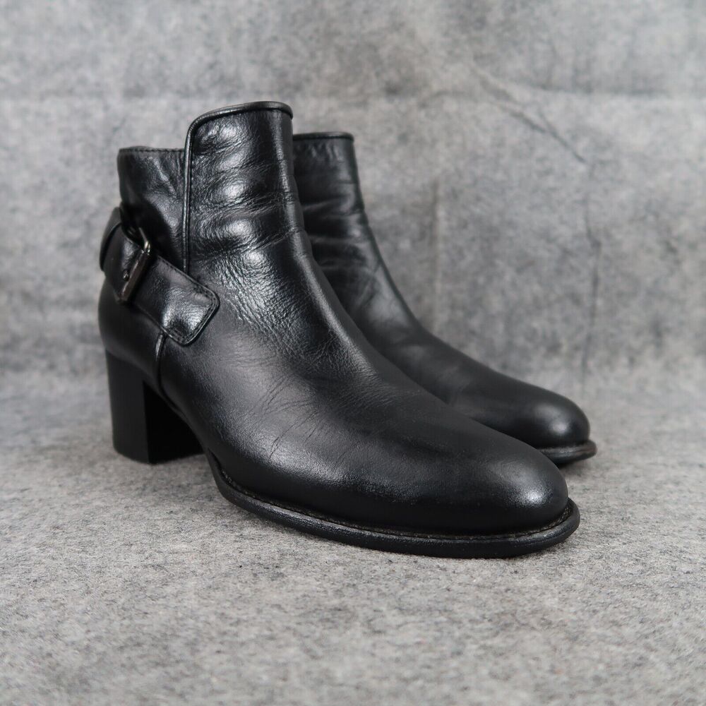 Aquatalia Shoes Women 7 Bootie Fashion Leather Block Heel Buckle Strap Black Zip